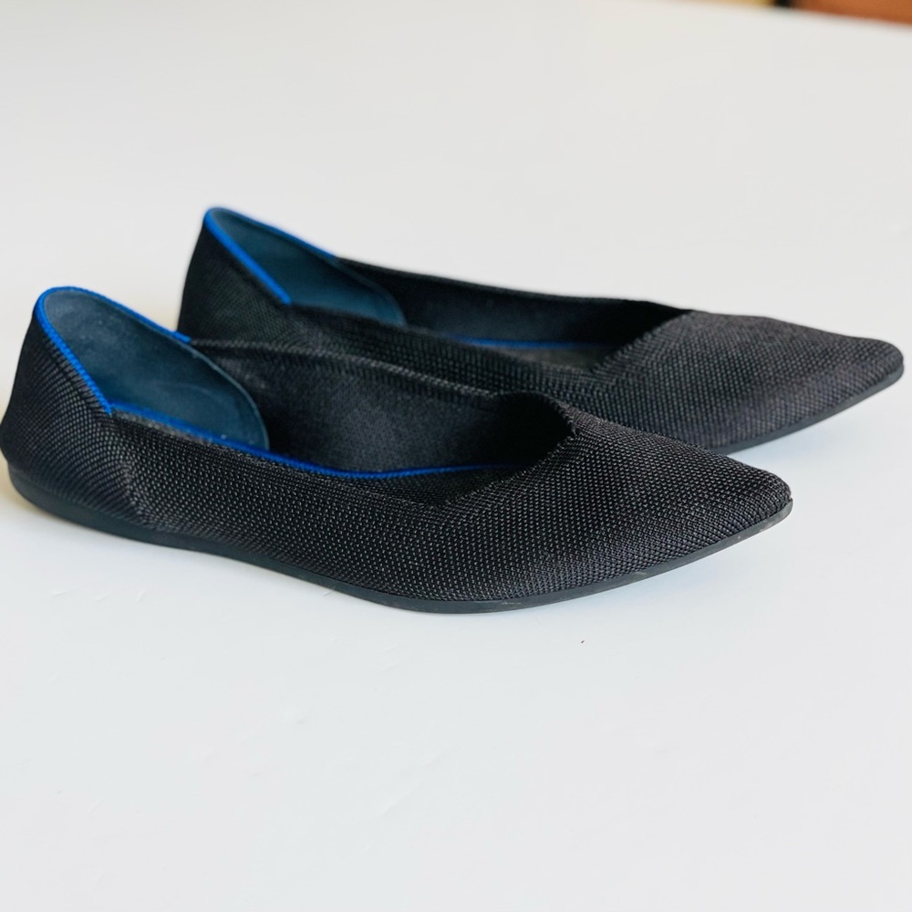 Rothy's Black Pointed Toe Flats with Blue Trim